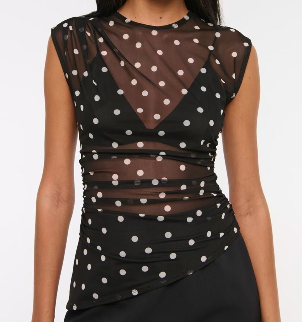 Abercrombie Sleeveless Draped Mesh Sheer Polka Dot Top Black White XS